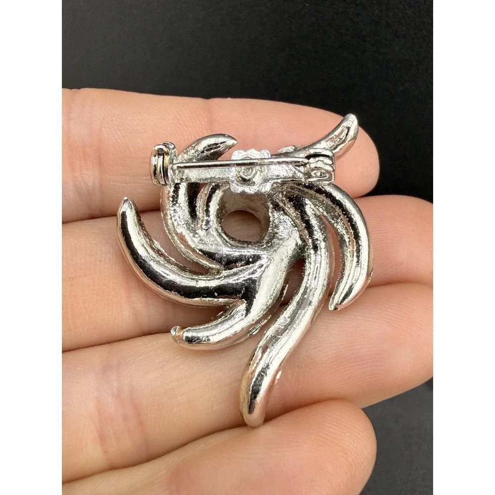 Vintage Rhinestone Brooch Pin Lot 3 Maple Leaf Swirl Dome Silver Tone